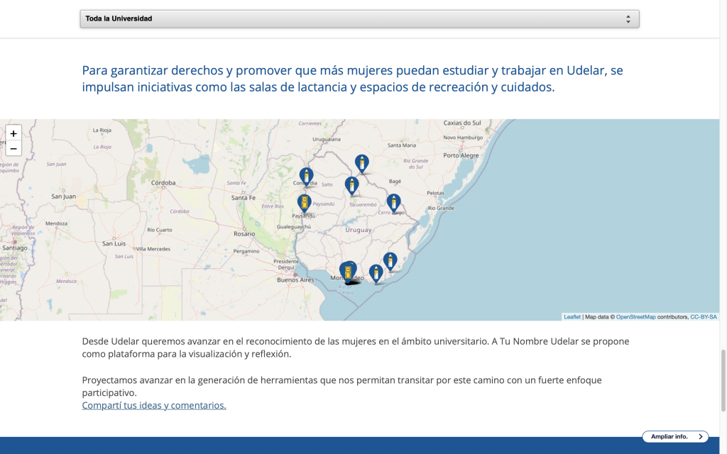 Captura de pantalla de mapa de espacios de cuidados en ATuNombre Udelar