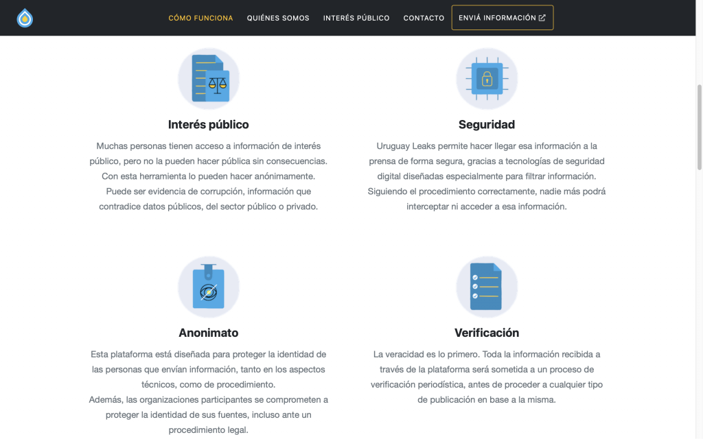 Captura de pantalla de explicaciones sobre cómo funciona UruguayLeaks.uy