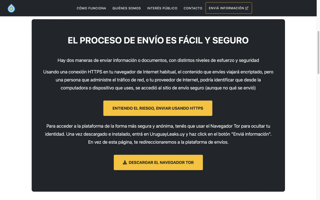 Captura de pantalla de el proceso de envío de UruguayLeaks.uy