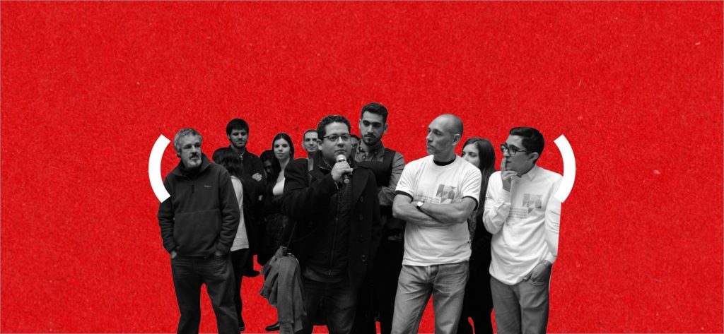 Foto del evento de OGP Montevideo 2016, estilizada con la gráfica de la Red
